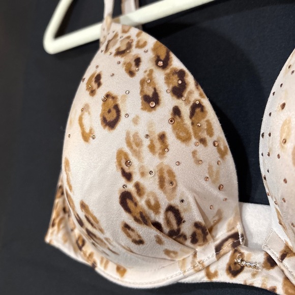 Victoria's Secret Plunge Bra Leopard Print Rhinestone Crystal Beige Brown Sz 34D - Picture 2 of 7